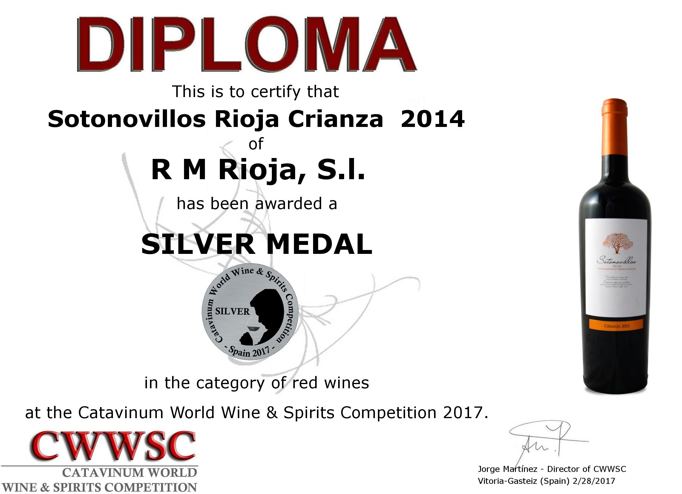 DIPLOMA DE PLATA DE SOTONOVILLOS CRIANZA